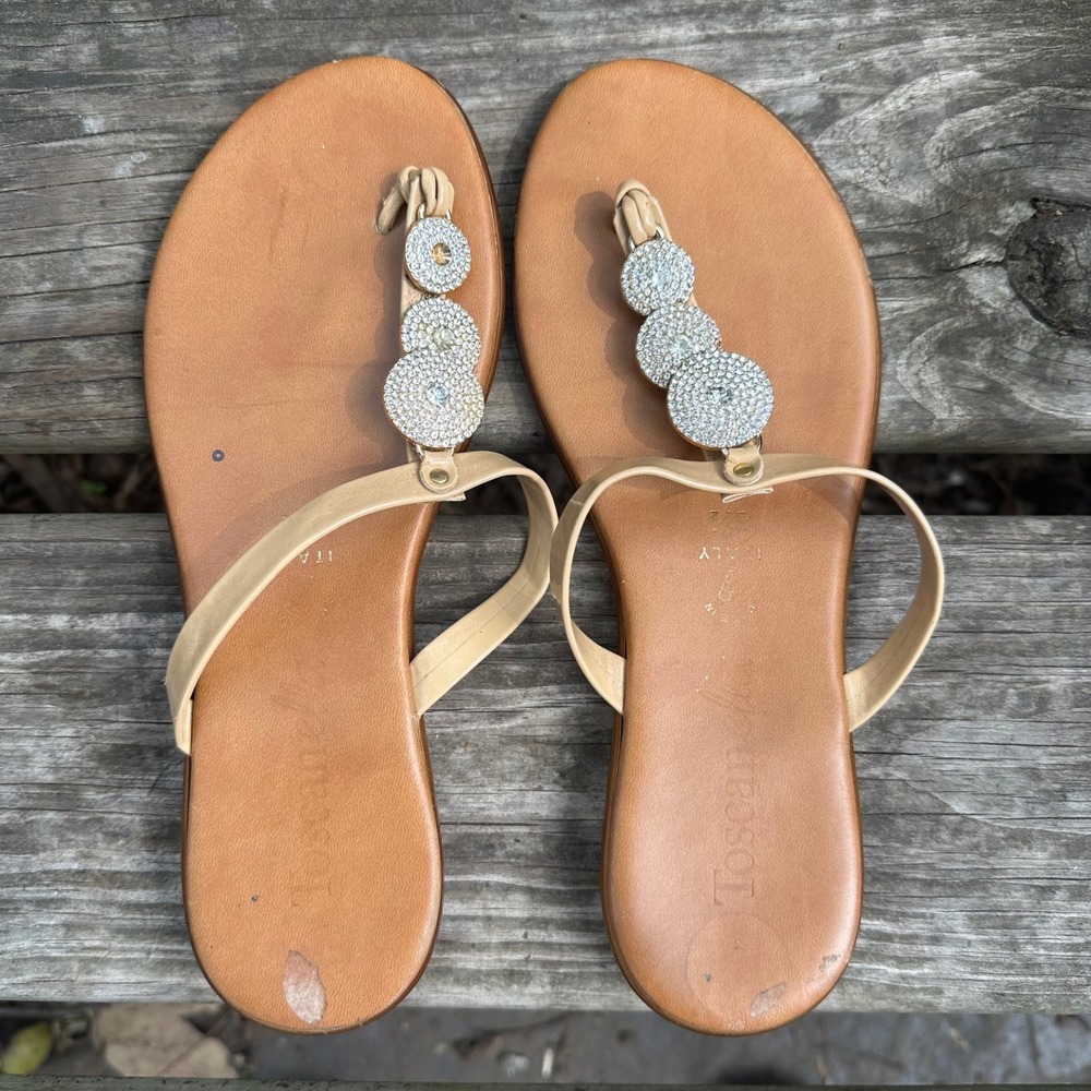 Toscanella Italian Tan Leather Rhinestone Flat Thong Sandals Brown Sz 8.5 Resort - Picture 6 of 6
